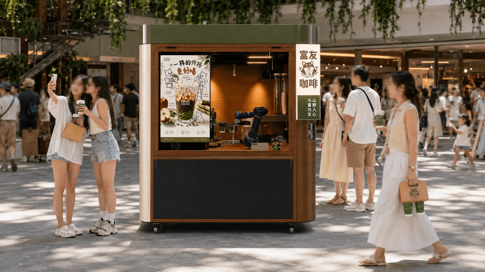 People enjoying coffee near the kiosk